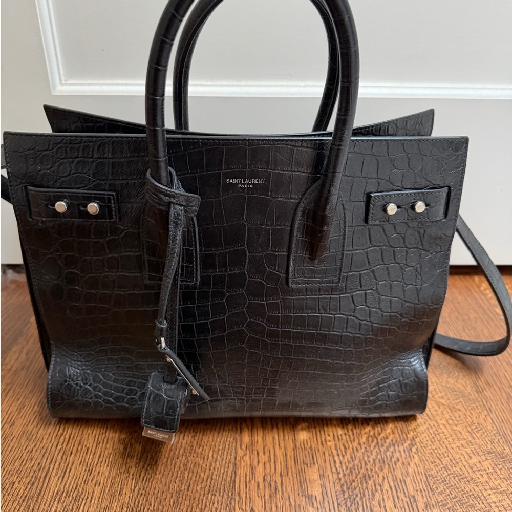 Saint Laurent Black Croc-Embossed Satchel